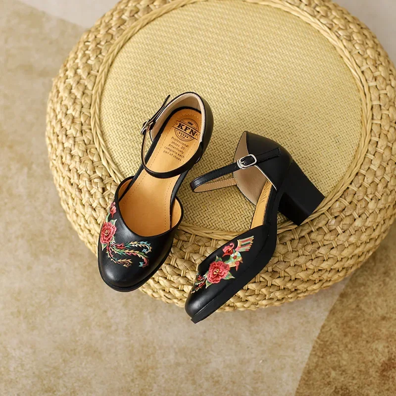 Koznoy 6Cm Chunky Heel Luxury Women Pumps Genuine Leather Ladies Fashion Moccasins Party Buckle Embroidery Ethnic Summer Shoes