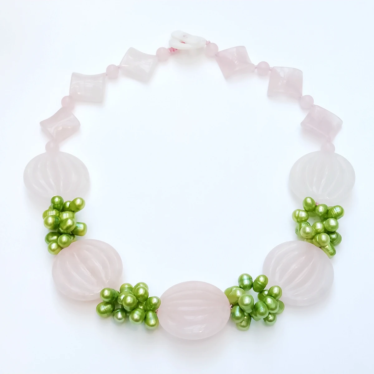 Lii Ji Real Stone Rose Quartz Green Pearl Pink Stone Necklace Choker Women Jewelry 53cm