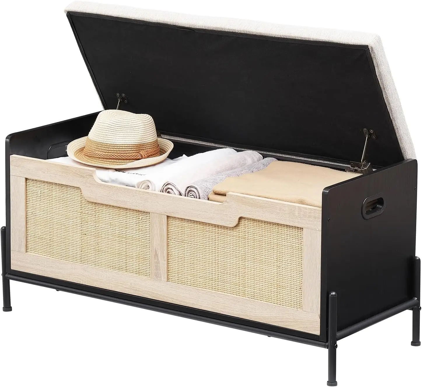 

39.4" Rattan Storage Bench with Cushion & 2 Safety Hinges Shoe Chest for Entryway Living Room Bedroom Oak Black, Customized