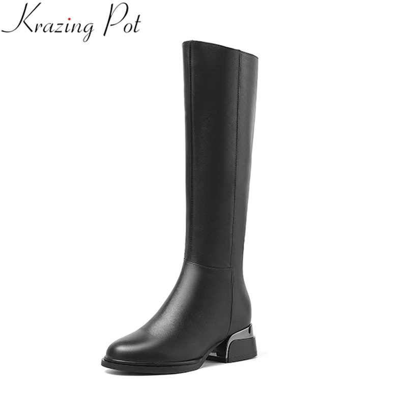 Krazing Pot 2024 Big Size 44 45 Cow Leather Round Toe Med Heel Knee-high Boots Zipper Office Lady Dress Riding Thigh High Boots