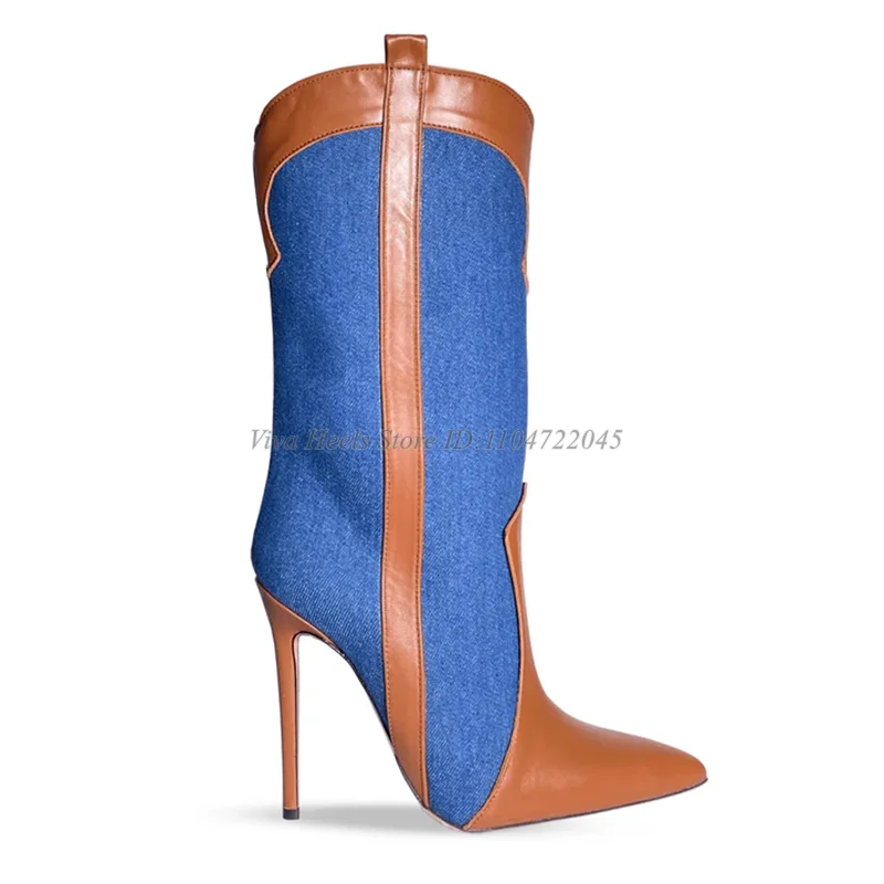 

Mixed Colors Denim Leatrher Mid Calf Boots Women's Pointed Toe High Heels Western Boot Black Luxury Designer Soft Party Shoes