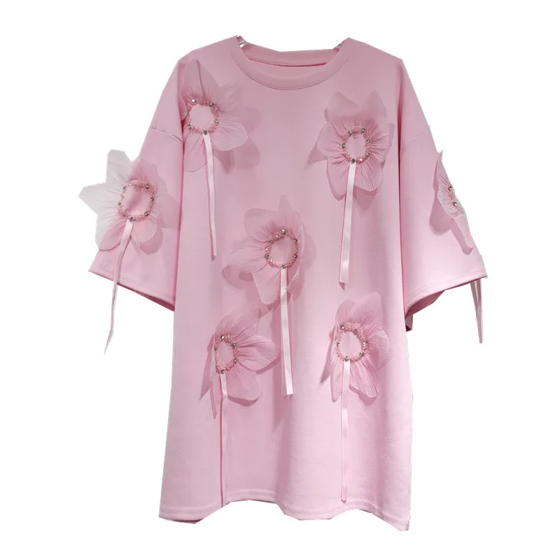 Kawaii Sweet Pink Round-Collar Mid-Length T-shirt Dress 2024 Summer New Fashion 3D Flowers Beaded Loose Oversized Tshirt Top