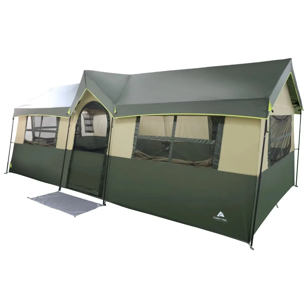 

Ozark Trail Hazel Creek 12 Person Cabin Tent, 3 Rooms, Green, Dimensions: 20' x 9' x 84", 65.2 lbs.