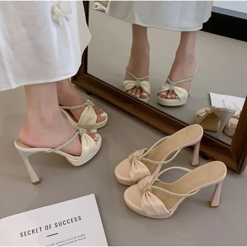Elegant 2026 Satin Bow High Heel Diamond Women's Sexy Toe Sandals Vintage Versatile Party Wedding Ladies Dress Shoes Non-slip