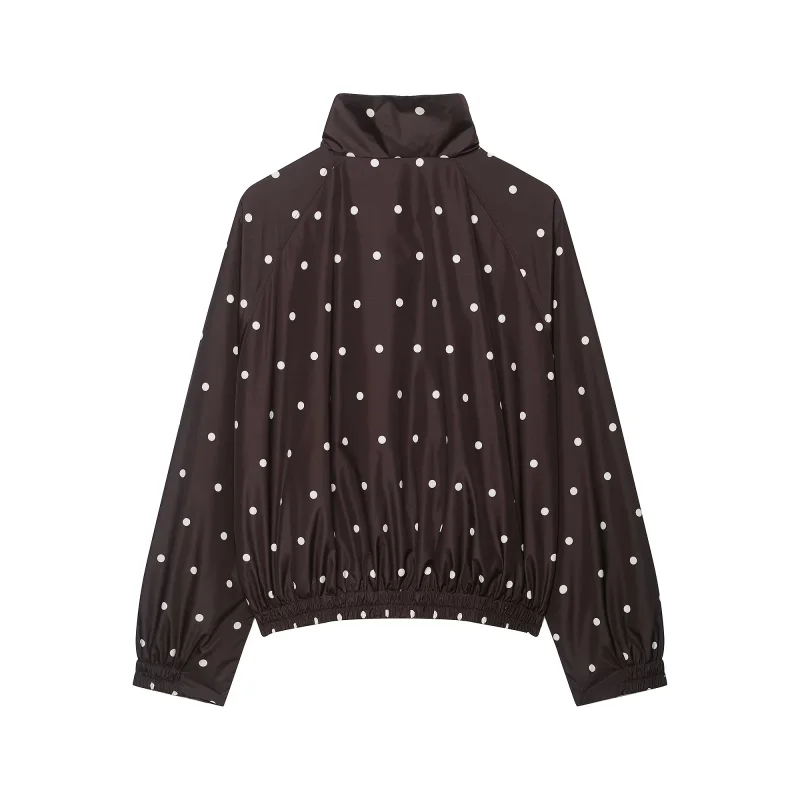 Herbst Damen Retro Polka Dot Jacke mit Stehkragen, Langen Ärmeln, Elastischem Saum, Leichter Windbreaker, Lockerer Passform, Brauner Reißverschluss, Lässiger Mantel – Detail 7