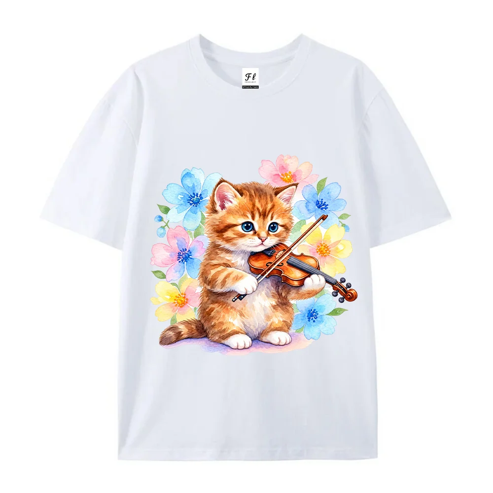 Women T Shirt Watercolor Kitten Playing Violin Floral Cat Graphic Kawaii Aesthetic White Short Sleeve Loose Cotton Tops