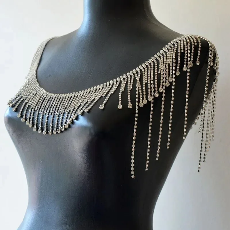 Shimmering Silver Shoulder Body Chain Exquisite Rhinestone Waterfall Tassels Symmetric Epaulet Jewelry For Glamorous Party Dress