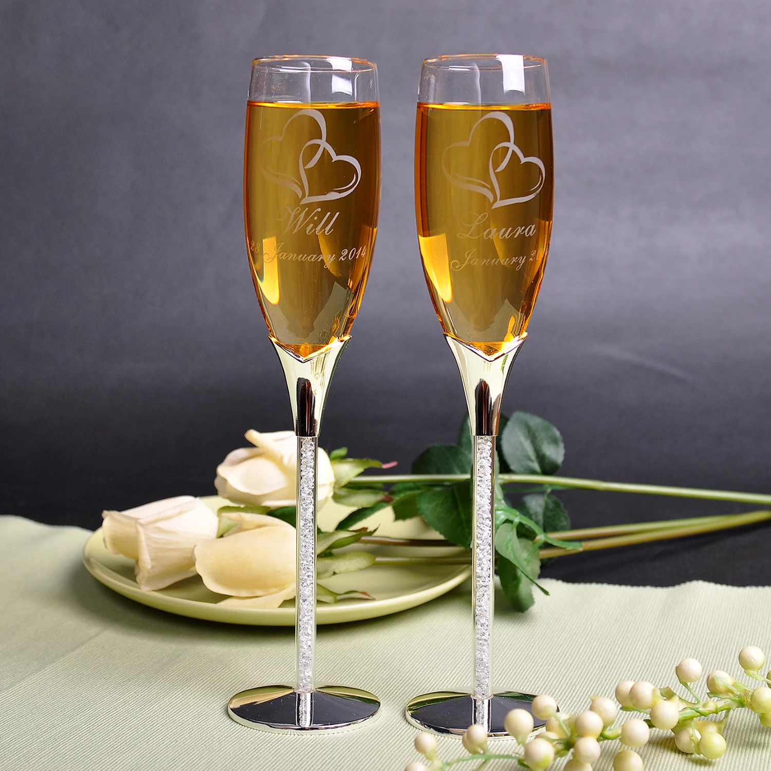 Customized Diamond Handle Champagne Glass with Etched Bride, Groom, and Wedding Date Champagne Wine-(set of 2)