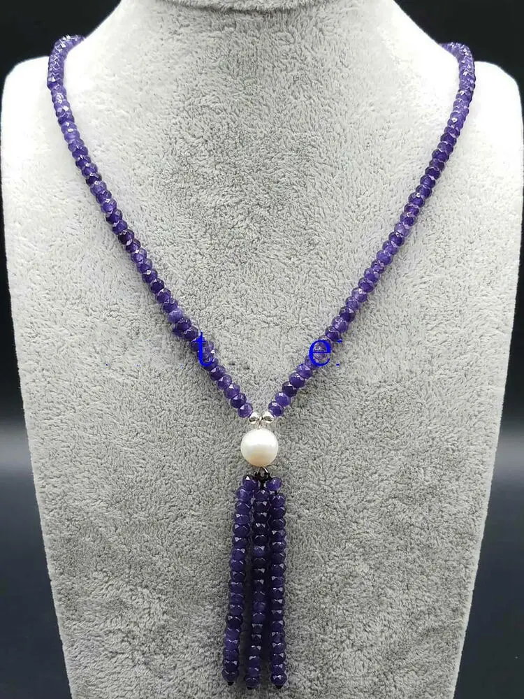 

2x4mm Faceted Purple Amethyst Beads + White Real Pearl Pendant Necklace 20" AAA