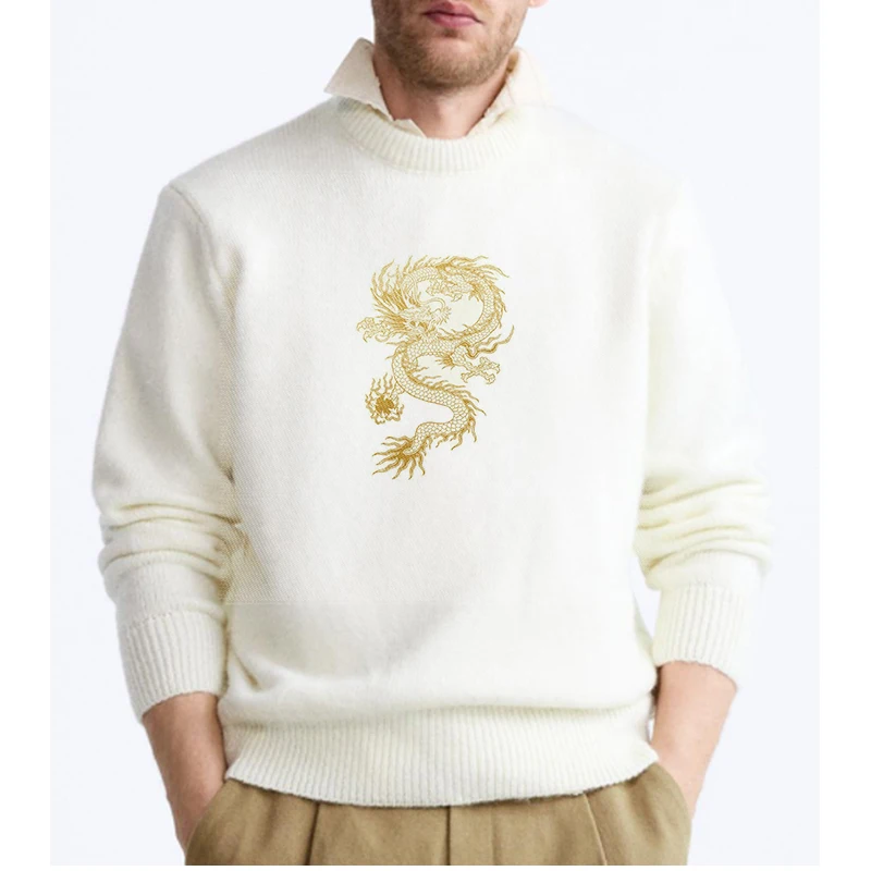 

Gothic Men's Pullover Creative Dragon Pattern Knitted Sweaters Streetwear Vintage Oversized Harajuku O Neck Long Sleeve Clothing