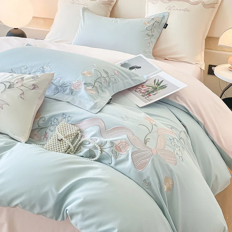 100% cotton bed linen 4pcs Embroidered double comforter bedding set Euro couple duvet Quilt cover set bed sheets set Pillow case