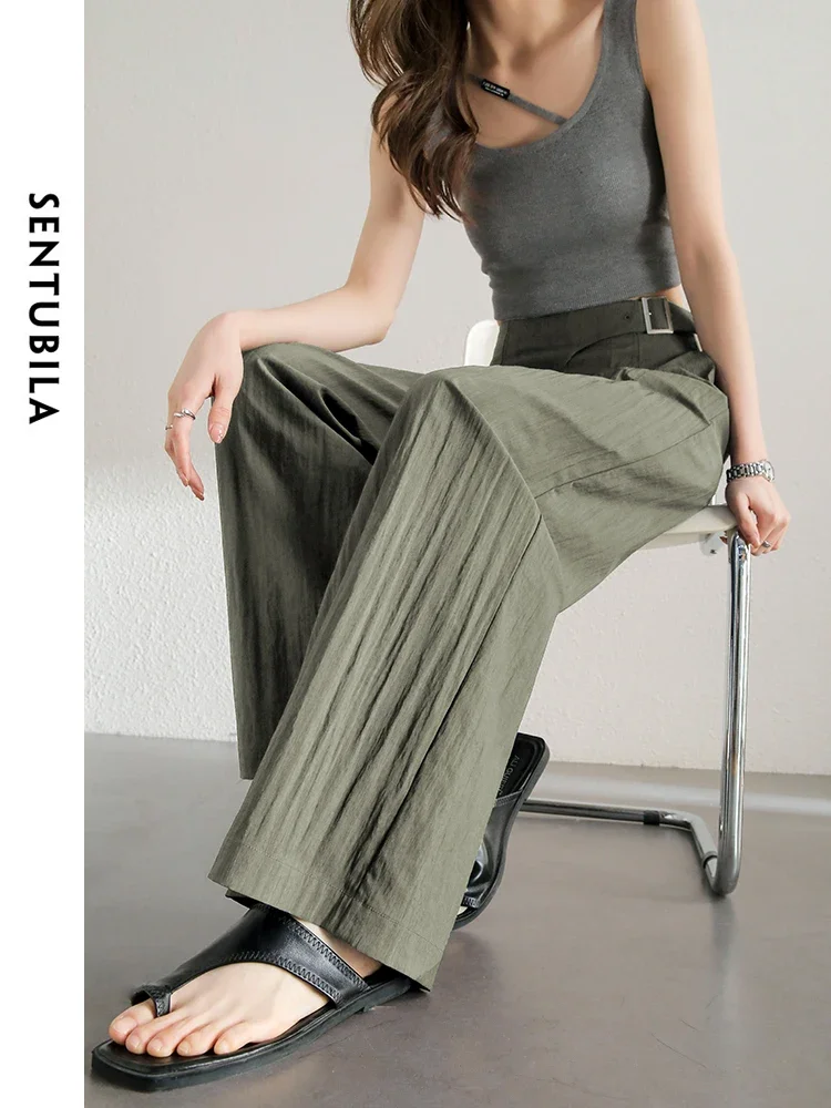 SENTUBILA Women Solid Baggy Pants 2025 Autumn Loose Lightweight High Waist Wide Leg Pants Office Lady Woman Trousers 142K54416