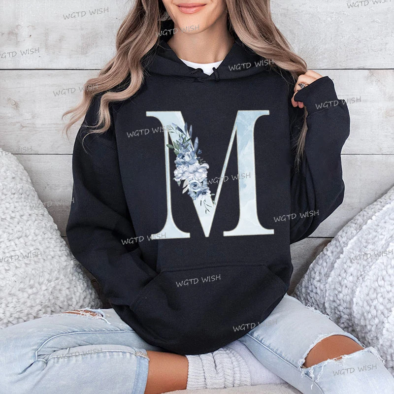 Women Hoodies Blue Rose 26 Alphabet A-Z Graphic Sportswear Aesthetic Long Sleeve First Letter of Surname Female Sweatshirts