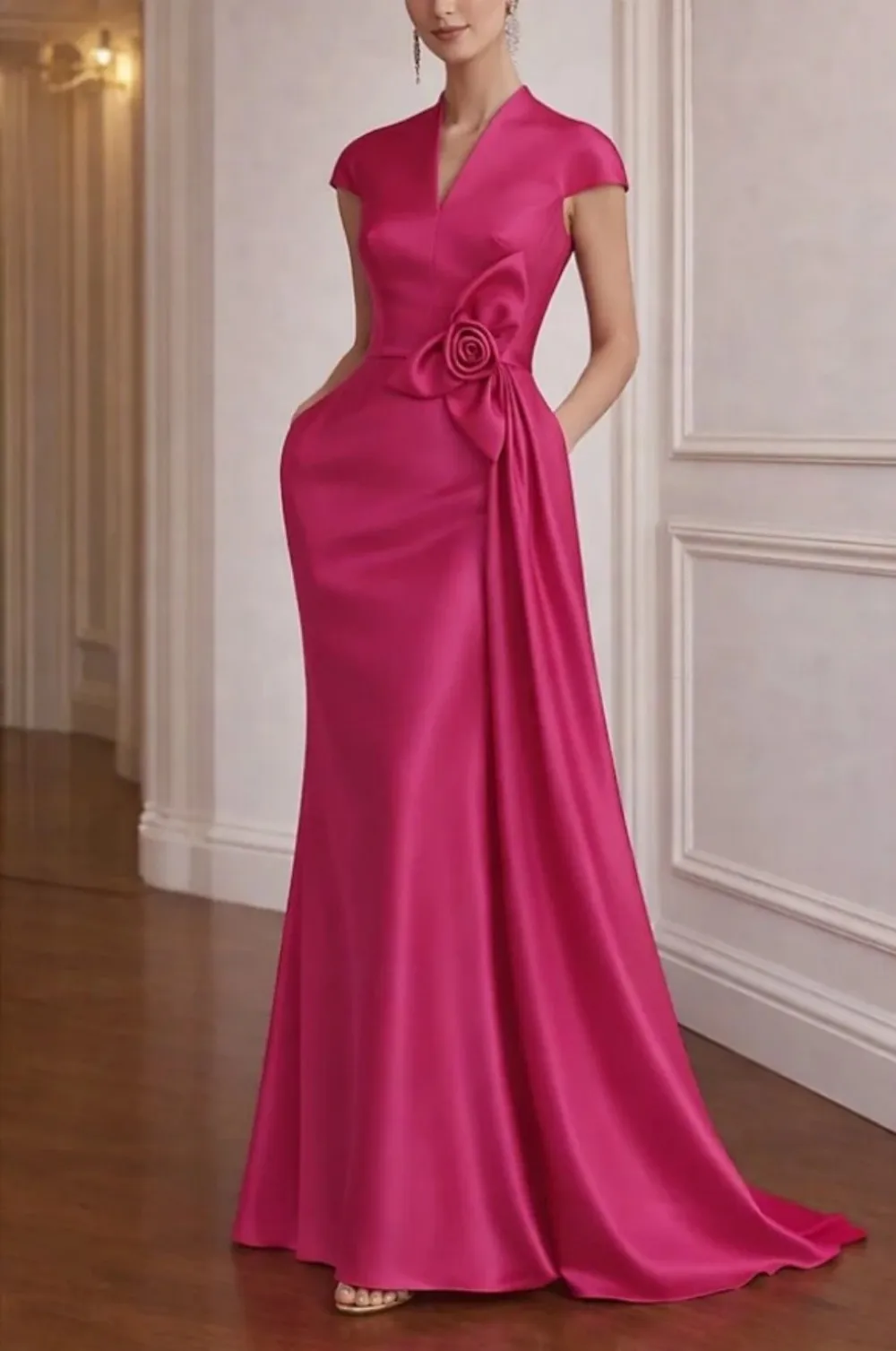 

V-Neck Short Sleeve Waist-Cinching Bodycon Vase Skirt 3D Floral Accent with Pockets Formal Guest Evening Dress Wedding Dress