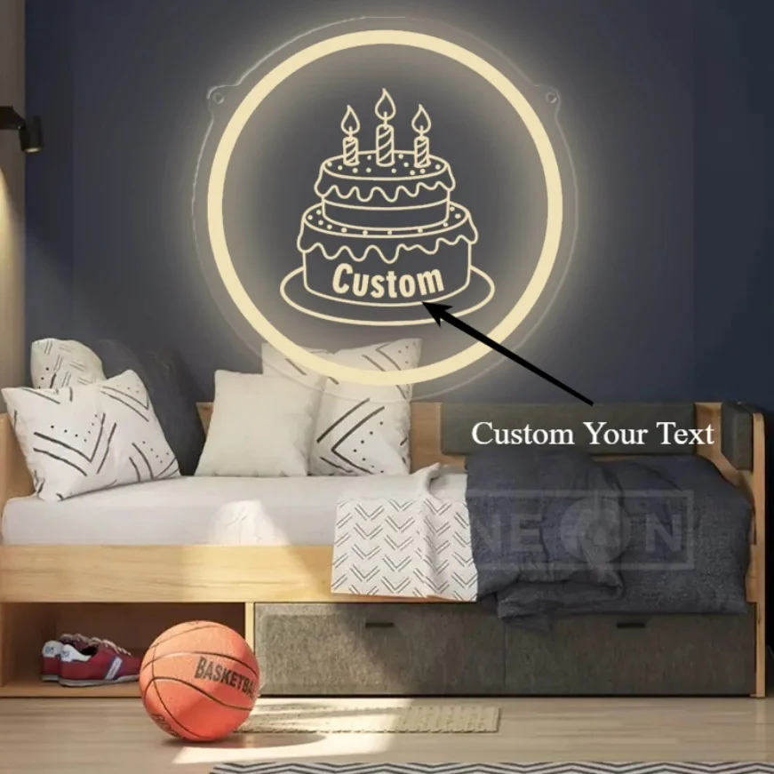Customizable Cake Neon Light Personalized Gift USB LED Ambiance Lamp Bedroom Living Room Warm Glow Wall-Mounted Birthday Decor