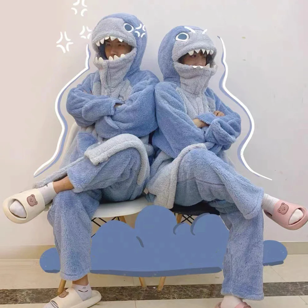 Shark Costume Blue Flannel Pajamas Set With Pants Unisex Women Men Nightgown Two Pieces Set Warm Coral Fleece Sleepwear PJS Set