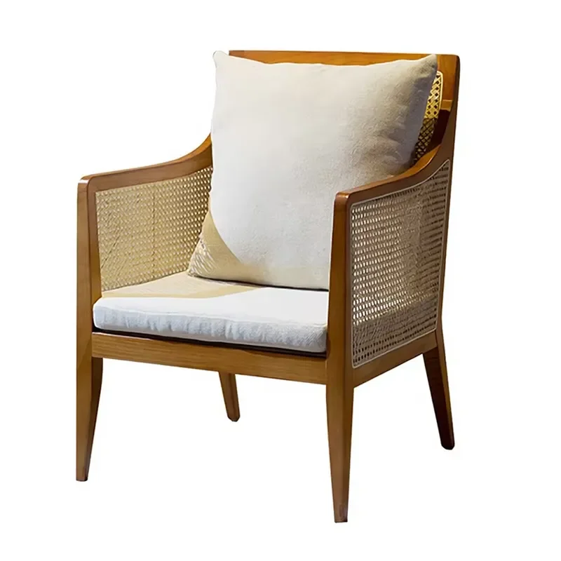 Nordic Solid Wood Lounge Chair with Woven Rattan Armrests Modern Durable Eco Friendly Seating for Living Room Apartment Decor