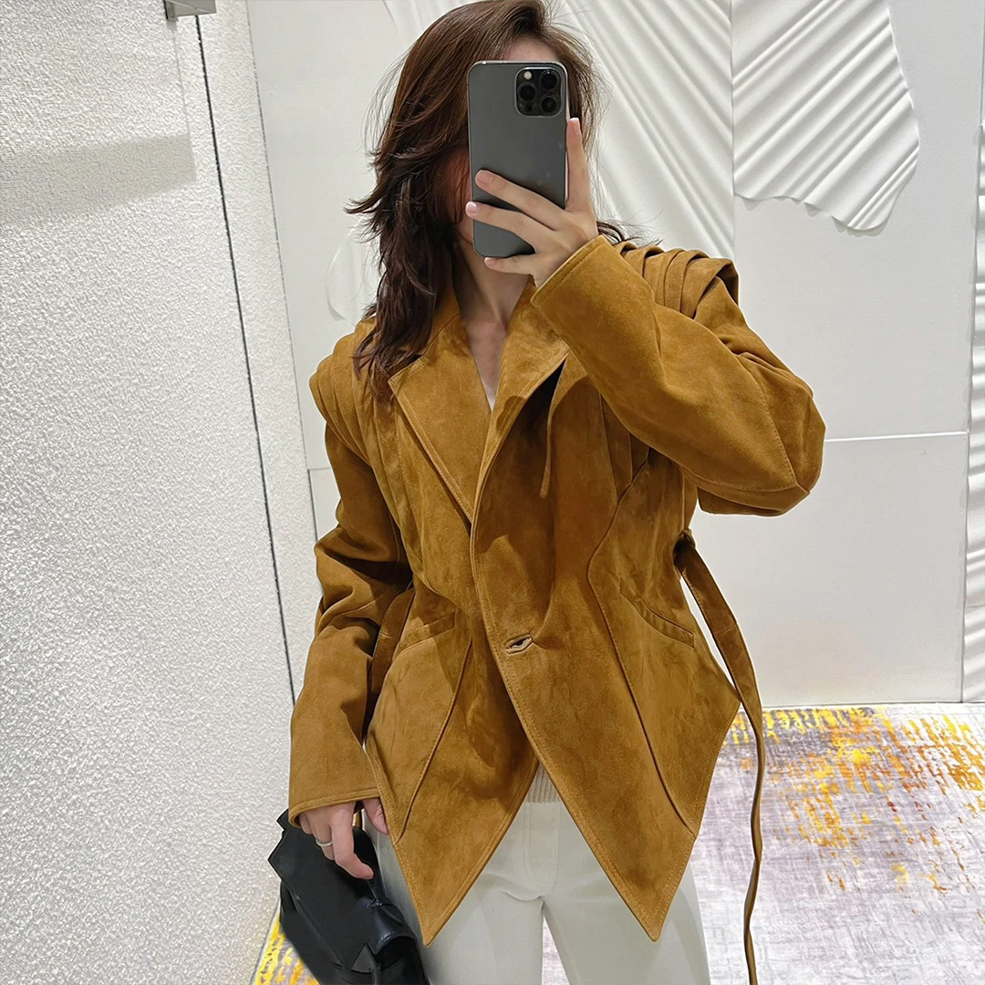 NIGO Women\'s Autumn And Winter Solid Color Vintage Suede Long Sleeve Lace-Up Jacket Ngvp #nigo9184