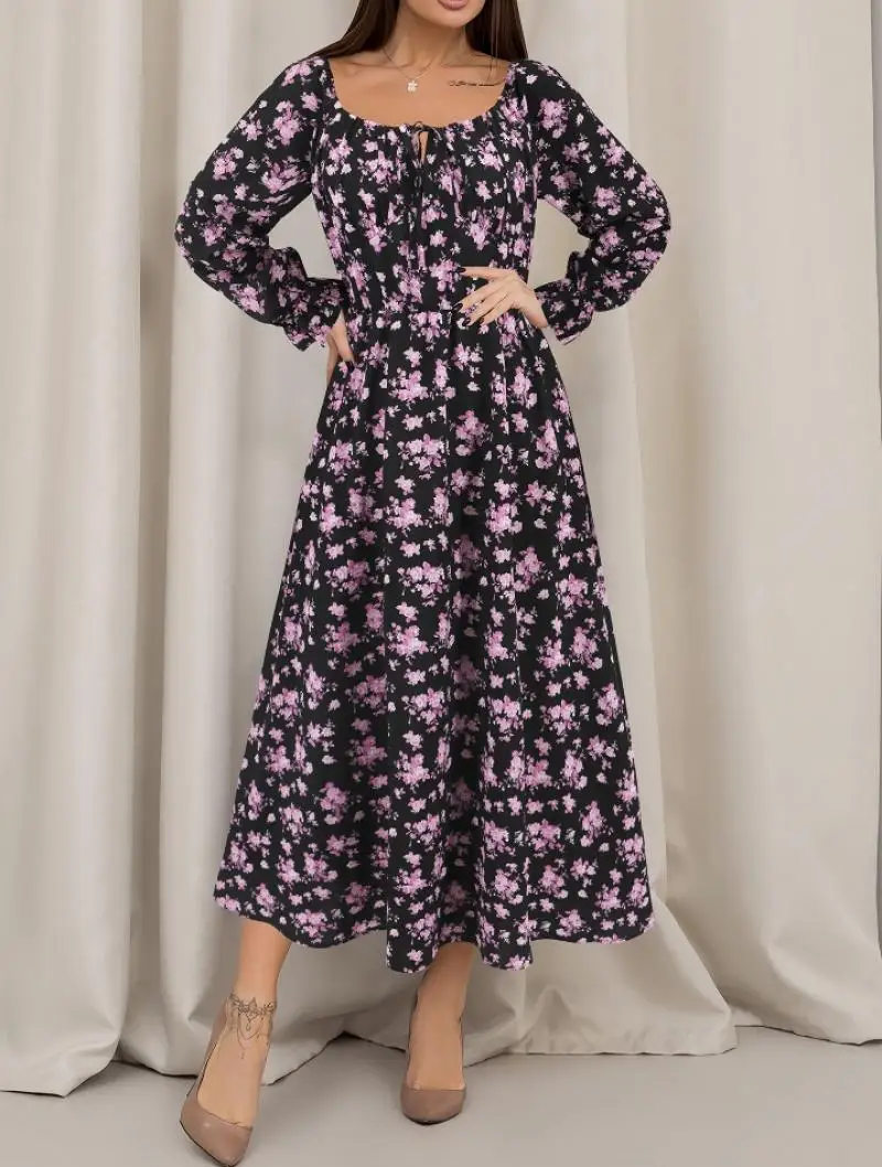 Elegante Feestjurken Vrouwen Casual Bloemenprint Elegante Vierkante Kraag Vierkante Kraag Lange Mouwen Trekkoord Hoge Taille Jurken