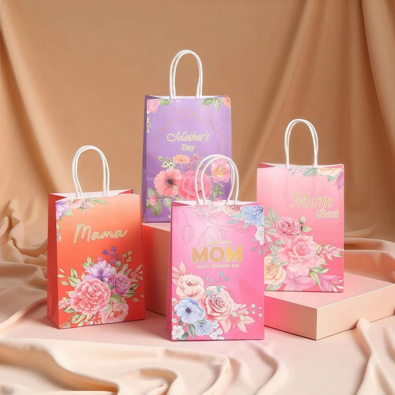 

Mother's Day Gift Packaging Bag Kraft Paper Bag Flower Print Gift Bag Party Gift Bag Tote Bag