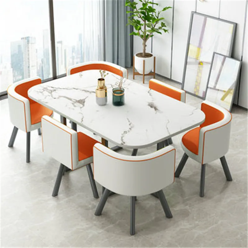 Small Simple Modern Rectangular Dining Table 6-Seater Conference and Negotiating Office Reception Home Furniture with Chairs
