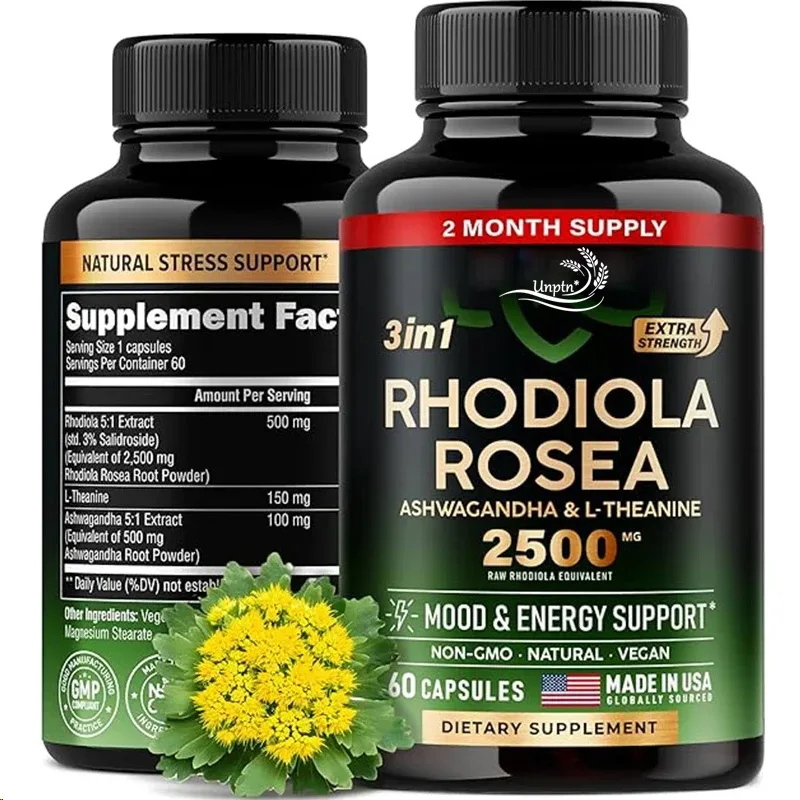 Rhodiola Rosea Supplement- Rhodiola Extract 5:1 || 3% Salidroside - Ashwagandha & L-theanine - 60 Capsules