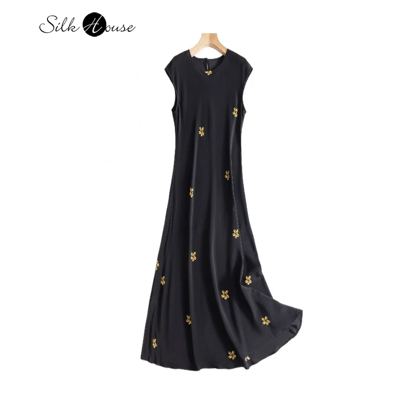

100% Natural Mulberry Silk Crepe De Chine 45 ° Diagonal Cut Temperament Shoulder Sleeves Women's Round Neck Casual Dress