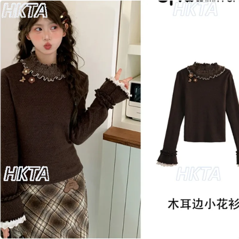 Mori Sweet Lolita Fungus Edge Lace Long Sleeved Tshirt Autumn New Daily Casual Three Dimensional Flower Inner T Shirt Top Women