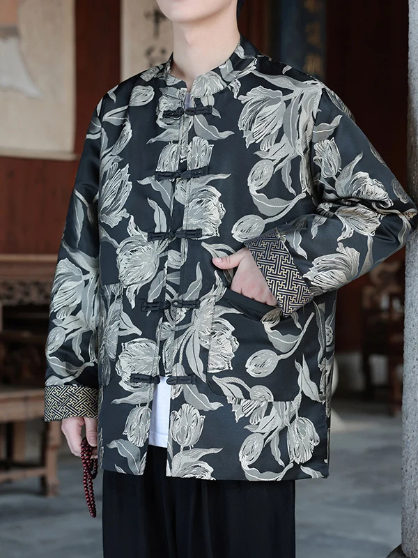 جديد 2025 بدلة تانغ للرجال Jaet عتيقة صينية Sle طويلة Sve بأزرار حتى ملابس خارجية فضفاضة تناسب الأزهار والتطريز منتصف العمر...