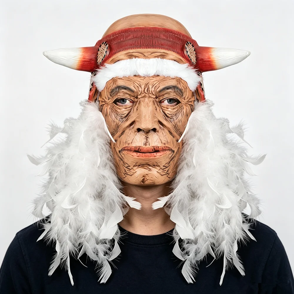 Realistische Gesichtsmaske mit Falten eines Älteren Mannes für Halloween-Cosplay-Party, Indianerhäuptlings-Latexmaske – Detail 2
