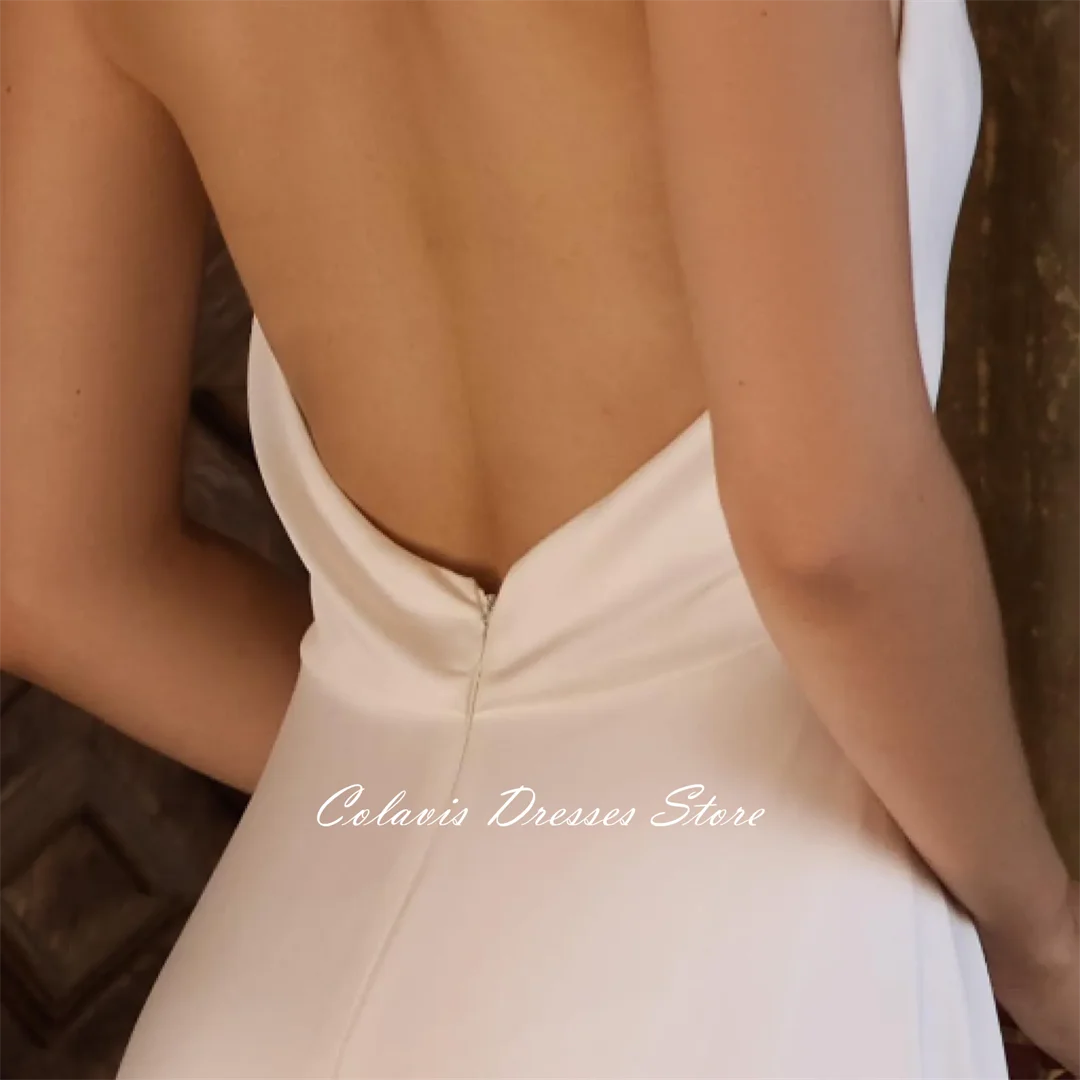 Fanan High Neck Backless Ärmelloses Brautkleid Angepasst Geraffte Sweep Zug Einfache Braut Party Kleid Vestidos De Novia