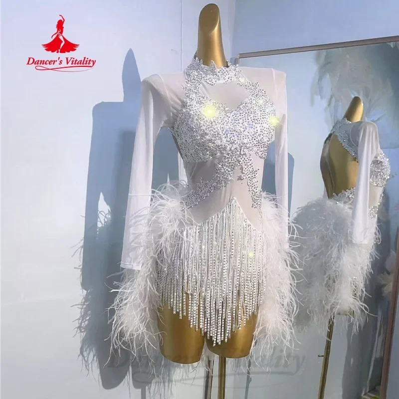 

Костюм для латинских танцев, элитное роскошное платье со стразами и кисточками, перьями, женская одежда для выступлений самбы, румбы, танго