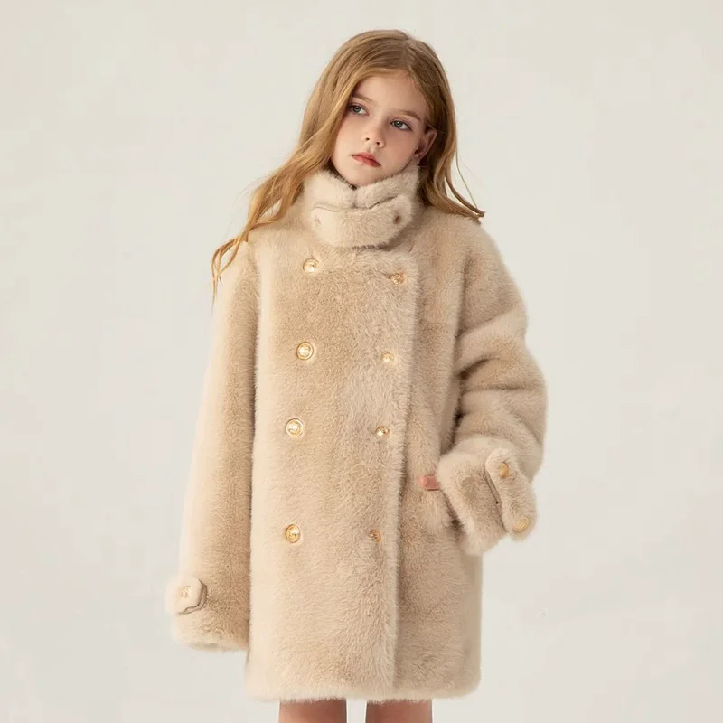 

Winter Warm Girls Plain Long Double-Breasted Fur Jackets School Kids Thick Cotton Lined Coat Children Outfit Windbreaker 5-14Yr