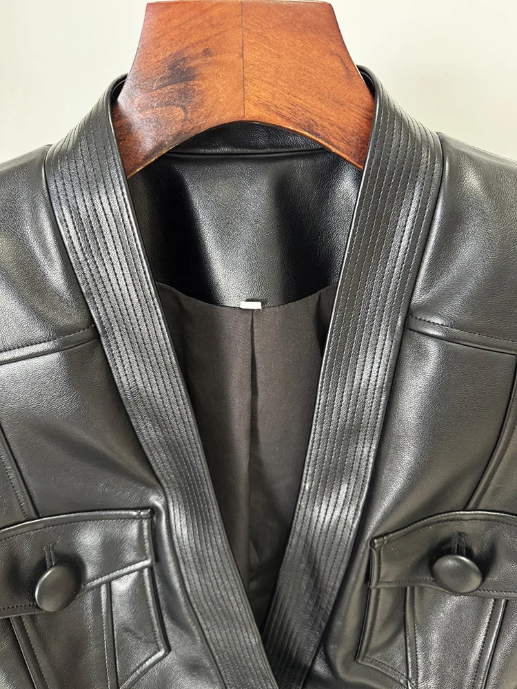 TOP QUALITY Newest 2025 Designer Jacket Women's Belt Slim Fitting Leather Button Pocket Decoration Artificial Leather Blazer
