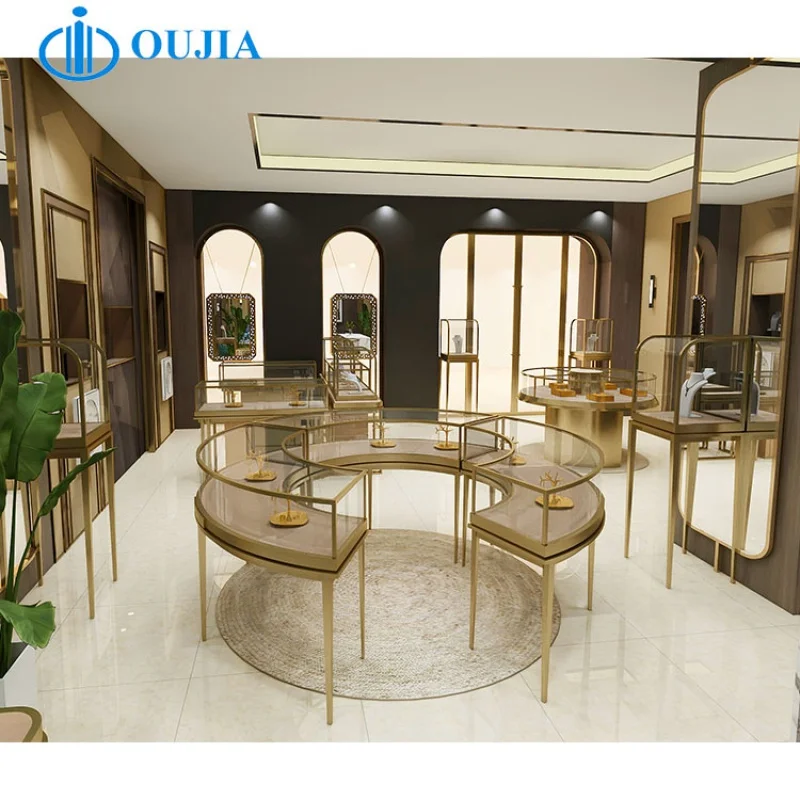 custom，Customize Jewelry Store Interior Design Round Square Corner Glass Showcase Ornaments Display Cabinet for Gold Shop