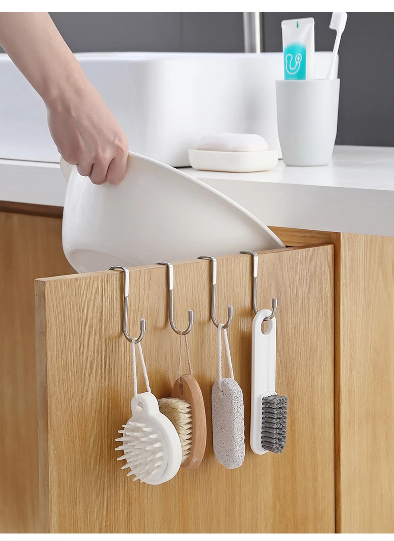 304 Stainless Steel Hook Free Punching Double S-Shape Hook Kitchen Bathroom Cabinet Door Silvery Type Coat Towel Storage Hanger