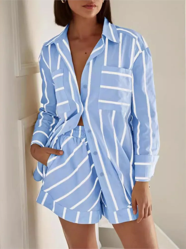

Fashion Striped Casual Shorts Set Women's Summer Long-sleeved Shirt Elastic Waist Shorts Comfortable Casual Two-piece Set