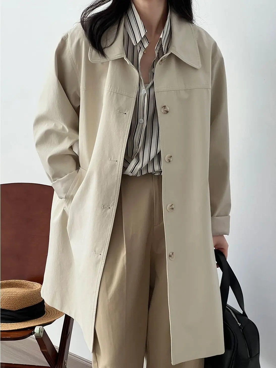 Versatile Lapel Trench Coat For Women\'s Spring And Autumn 2024 New Vintage Mid Length Casual Loose Fitting Work Top