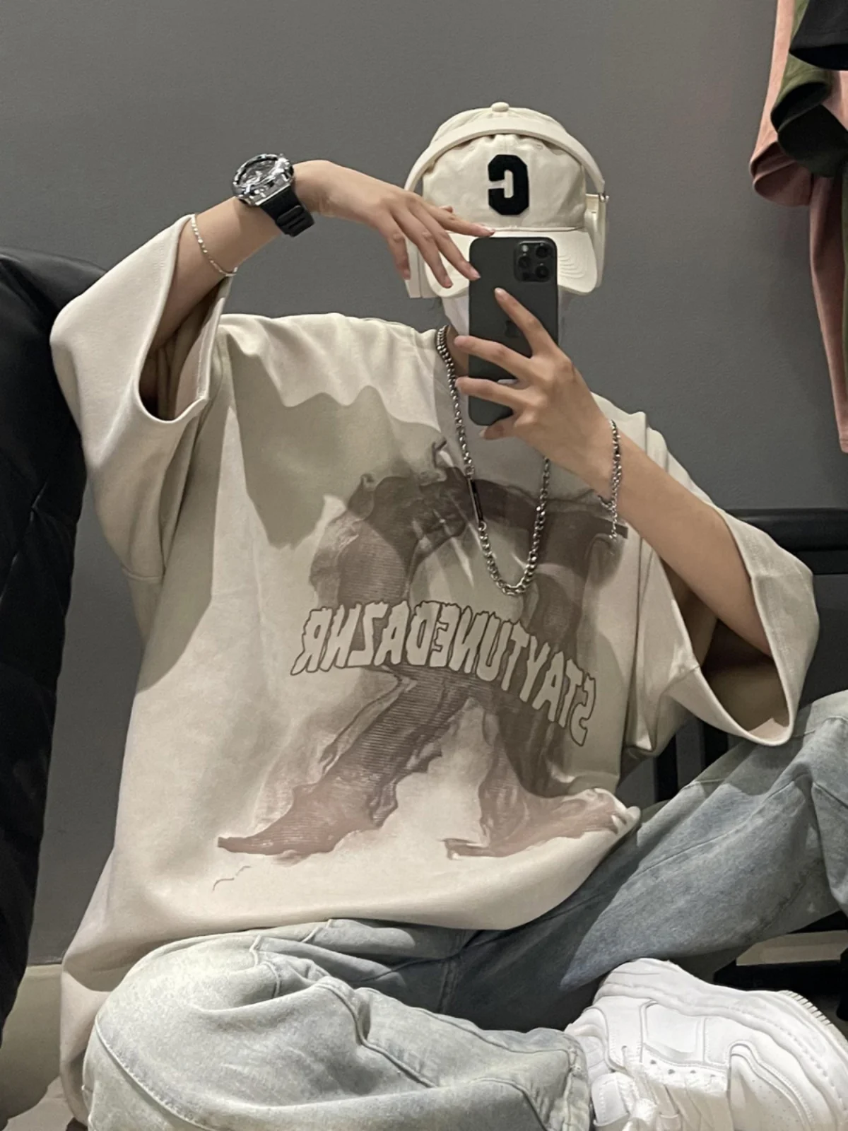 

American Retro Heavyweight Hard ort Sve Men's T-irt Trendy Brand Youthful Printed Suede Velvet Anti-Wrinkle Summer Top