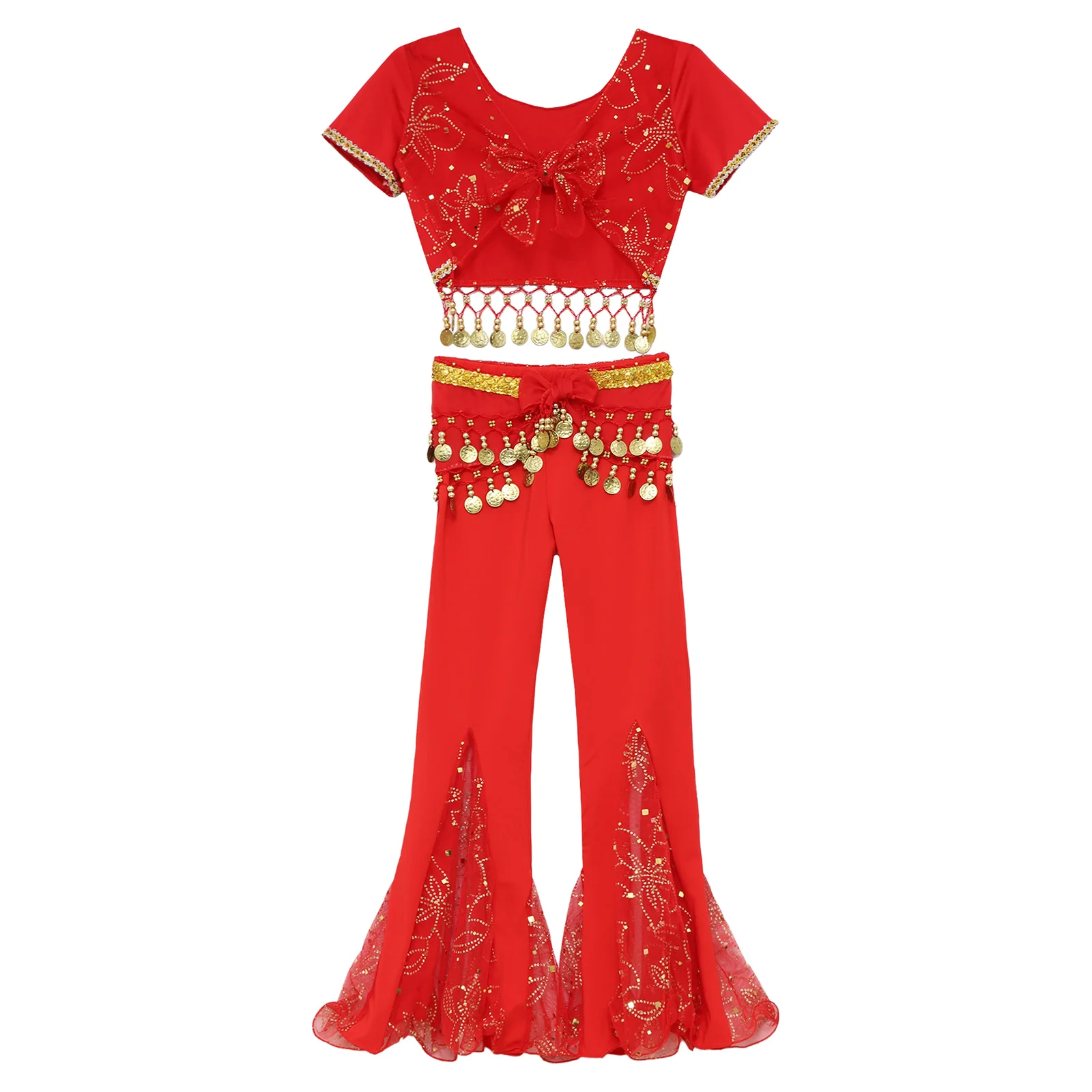 Girls Belly Dance Costume Sequin Indian Dance Outfits Lace-up Crop Top Flared Pants Waist Halloween Cosplay Shows Mardi Gras Set