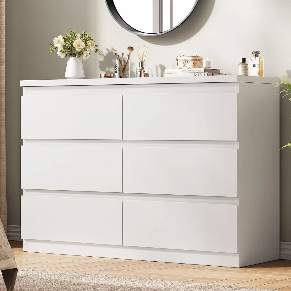 White Dresser 6 Drawer Dresser for Bedroom, Simply Modern Chest of Drawers, Wood Storage Double Dresser