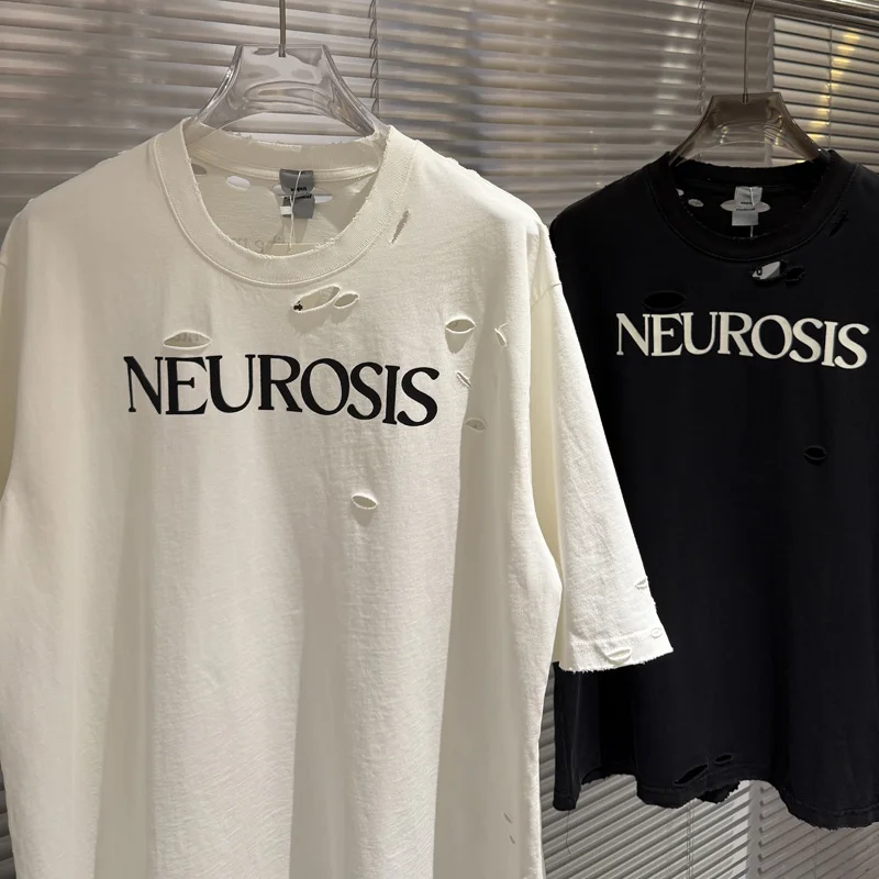 New Style Summer Round Neck Protocol Short Sleeved Letter Print Loose Hole Trend Top Men Women