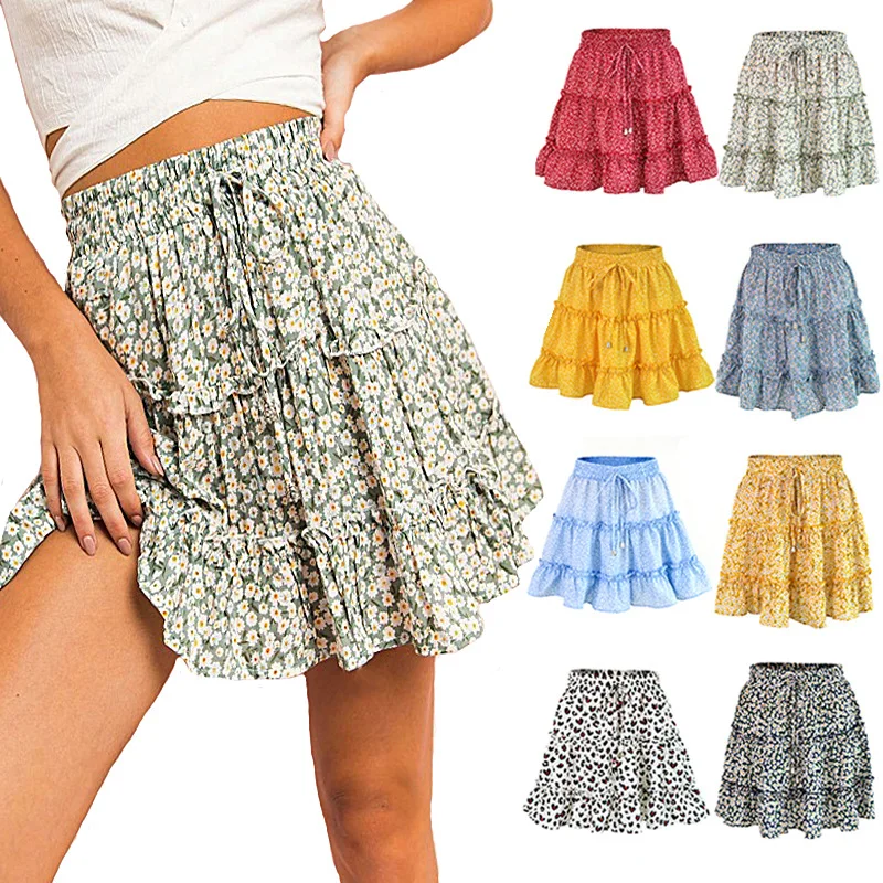 Summer 2023 High Waist Floral A-Line  Skirt Women's Cross-Border Temu Half Skirt Girls' High Waist Polyester Fabric