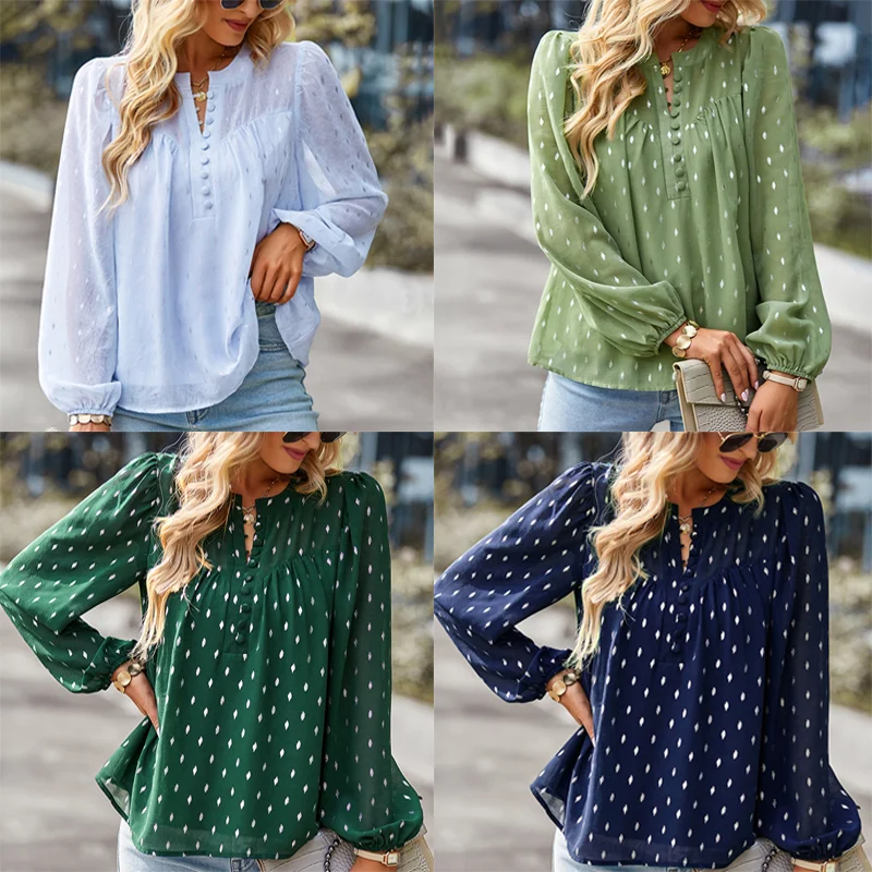 

Женская блузка в горошек, с V-образным вырезом и длинным рукавом