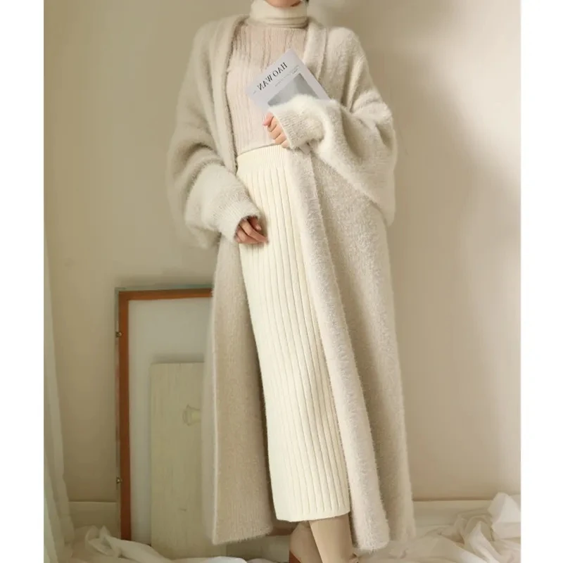 Faux Mink Cashmere Cardigan Autumn Winter Clothes Women Soft Loose Lazy Long Coat Thick Warm Knitted Sweater Outwear