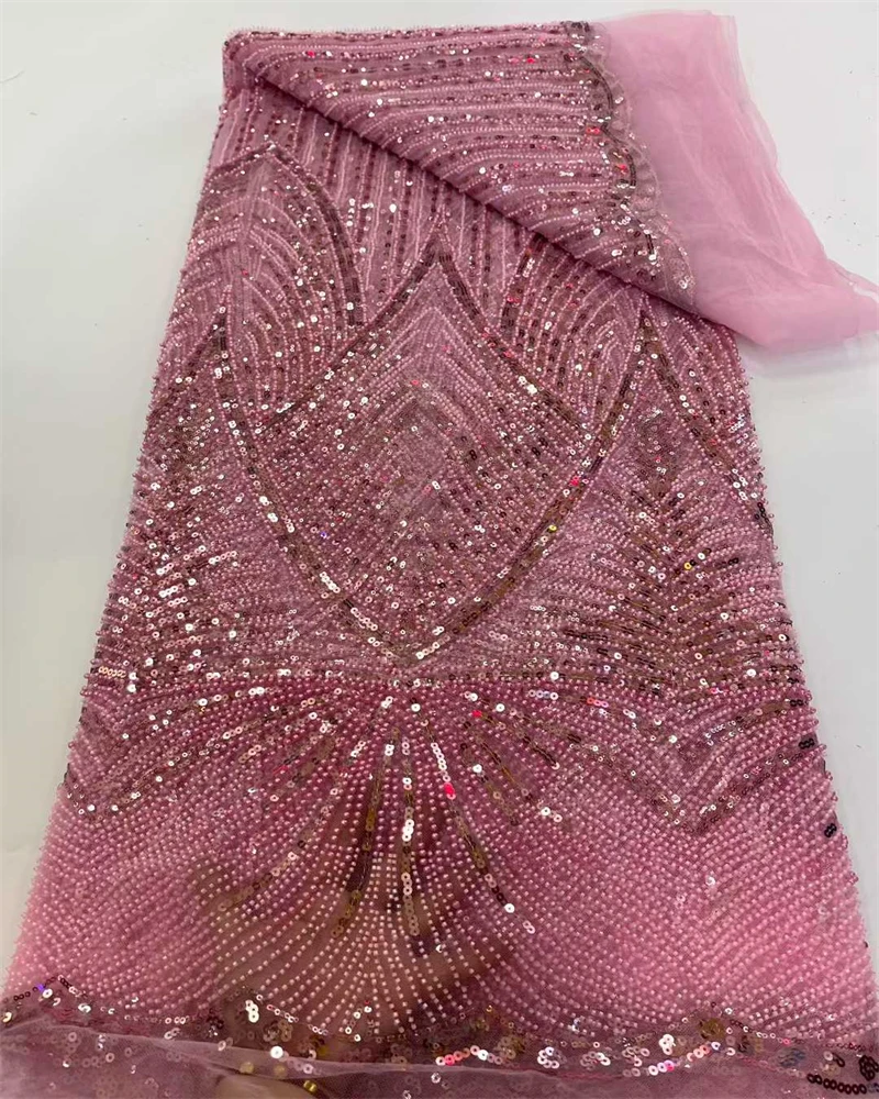 High Quality African Nigerian Net Lace Fabric With Sequins Handmade Heavy Beaded Lace Cloth Prom Dresses Beads