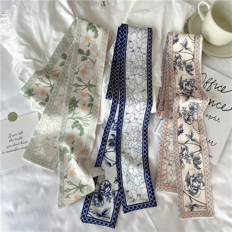 

2025 Korean Fashion New Women Twill Silk Scarf Binding Bag Handle Ribbon Hair Band Small Scarf Headband Handle Ribbon Scarf