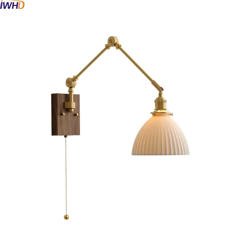 

IWHD Nordic Modern LED Wall Lamp Sconce Bedroom Living Room Balcony Pull Chain Switch Stair Light Fixtures Ceramic Lamparas