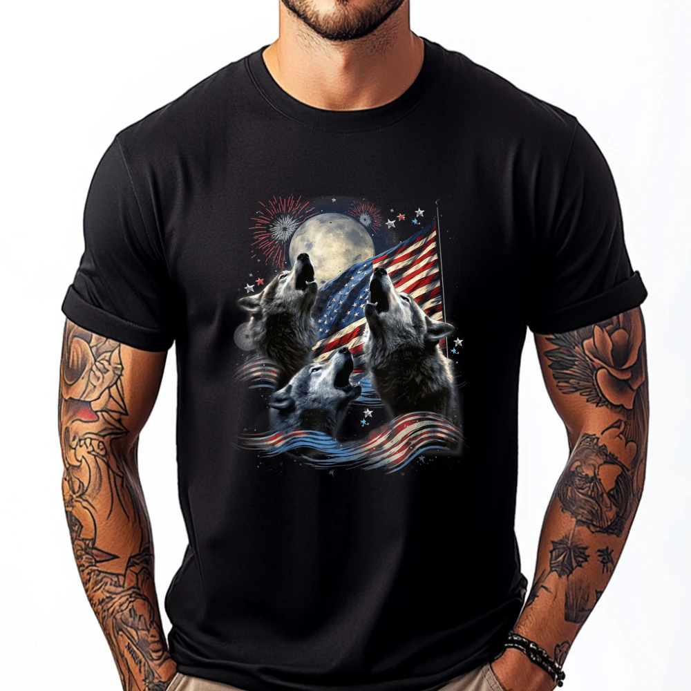 

3 Wolf Moon Howling Wolf American Flag Howling America Grahpic Tee Shirt Luxury T-Shirt Man Tops Tees Korean