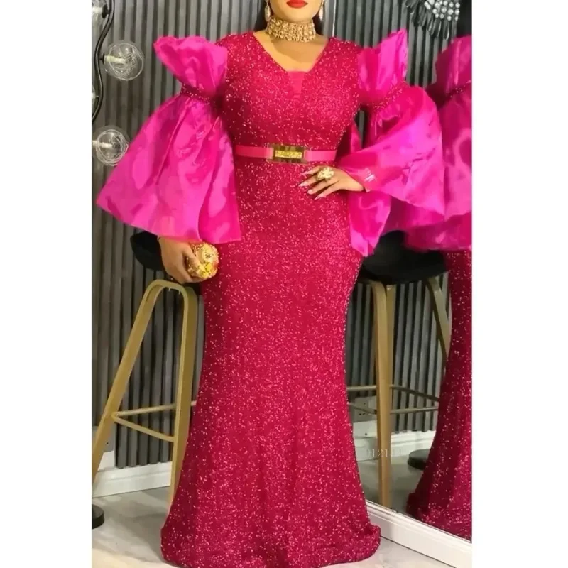 فستان ماكسي أفريقي مقاس كبير للنساء فستان ترتر على شكل حرف v مع أكمام جرس كبيرة الحجم نمط بوبو ملابس حفلات الزفاف الأفريقية #3